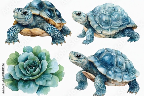 A watercolor illustration featuring turtles and a succulent plant.