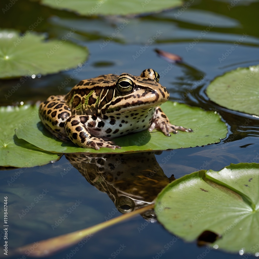 Serene Portrait of a Relict Leopard Frog Resting on a Lily Pad Serene Portrait of a Relict Leopard Frog Resting on a Lily Pad