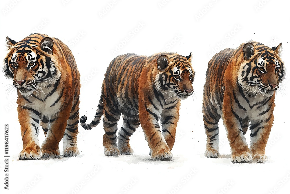 Obraz premium Three realistic tigers walking in a row, showcasing their distinct features.