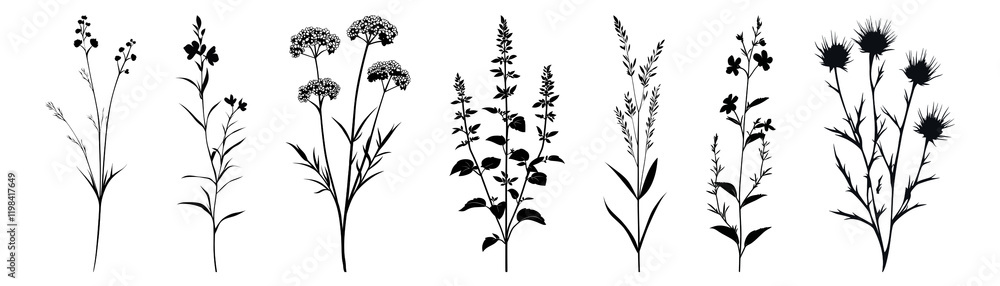Naklejka premium PNG Silhouettes of various wildflowers set, isolated on transparent background