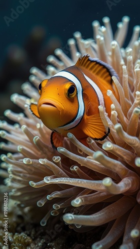 underwater clown fish,Clownfish Nestled in the Tentacles of a Sea Anemone


