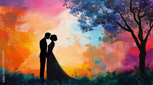 Silhouette of Wedding Couple in Love Kissing and Holding Hands During Sunset with Romantic Evening Sky Background







