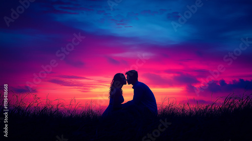 Silhouette of Wedding Couple in Love Kissing and Holding Hands During Sunset with Romantic Evening Sky Background







