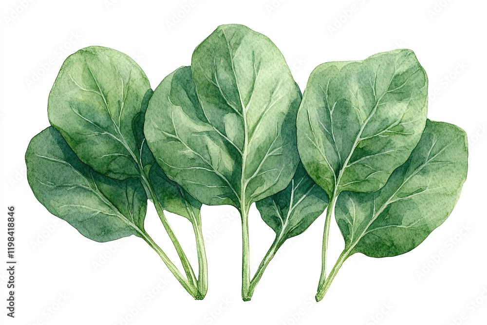 Obraz premium A watercolor illustration of fresh spinach leaves arranged together.