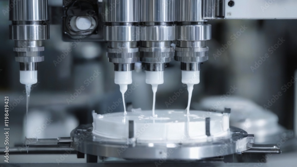Closeup of stainless steel cylindrical machine with control panel, buttons, knobs, white caps, and dropper pouring white liquid. Closeup of stainless steel cylindrical machine with control panel, buttons, knobs, white caps, and dropper pouring white liquid.