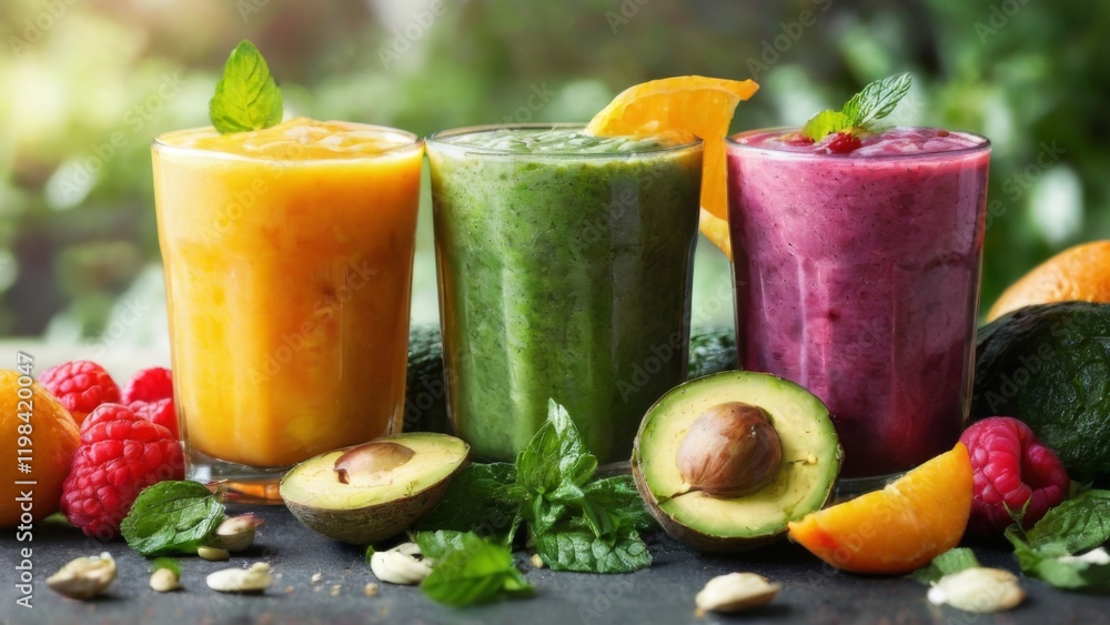 Fresh and vibrant smoothies with colorful fruits and vegetables in glasses on a dark background with blurred garden setting. Fresh and vibrant smoothies with colorful fruits and vegetables in glasses on a dark background with blurred garden setting.