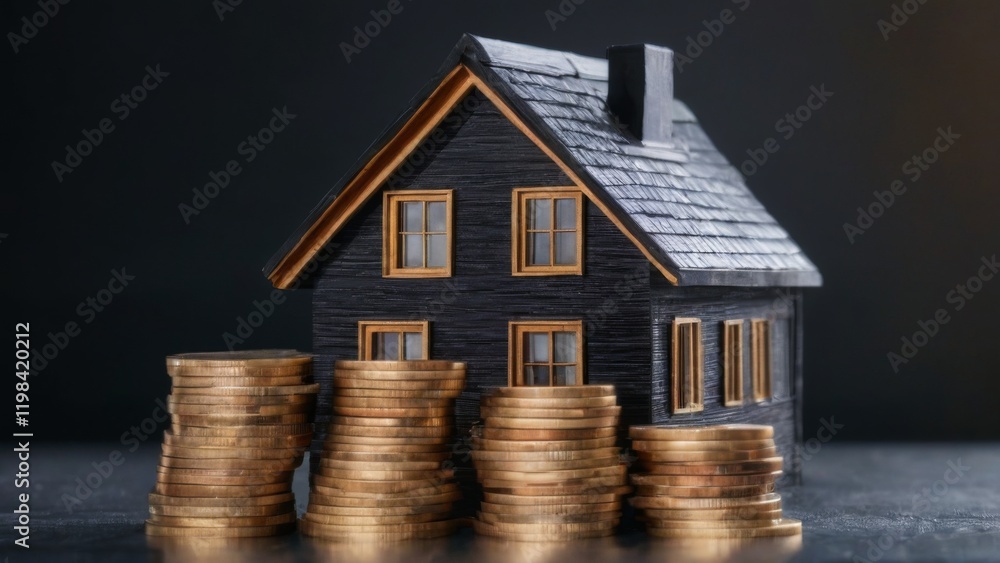 Wooden toy house with chimney, black roof, and coins in pyramid shape conveying the concept of saving for a home. Wooden toy house with chimney, black roof, and coins in pyramid shape conveying the concept of saving for a home.
