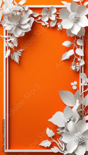 Orange background, white paper flowers frame, invitation template
