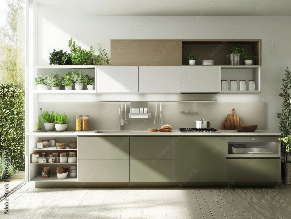 Modern Green Kitchen With Abundant Herbs And Storage Modern Green Kitchen With Abundant Herbs And Storage