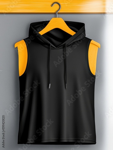 Black and yellow sleeveless hoodie hanging on a wooden hanger in a minimalist setting