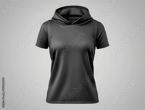 Black womens t-shirt with hoodie displayed on a wooden hanger against a neutral background