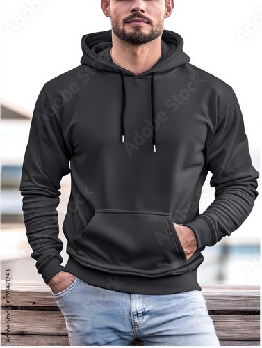 Man wearing black hoodie standing against a plain background in urban environment