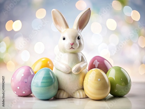 Wallpaper Mural Charming Easter bunny ceramic figurine, nestled amongst eggs, bokeh-style spring photo on white. Torontodigital.ca