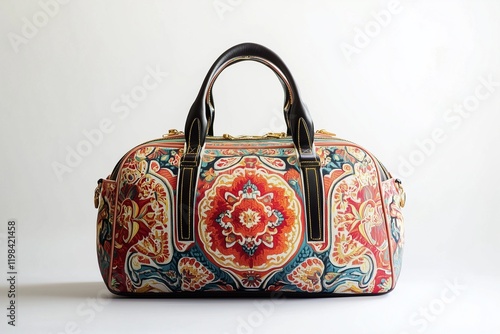 A luxurious bowling bag with colorful, intricate patterns, centered on a pristine white backdrop.