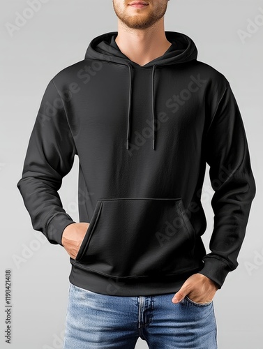 Man wearing black hoodie standing outdoors in urban setting with natural light