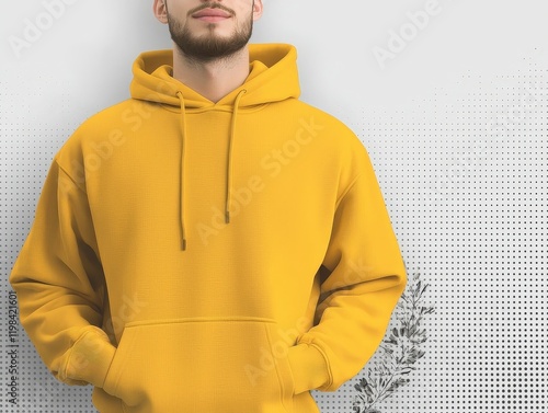 Man wearing yellow hoodie standing outdoors with a neutral background