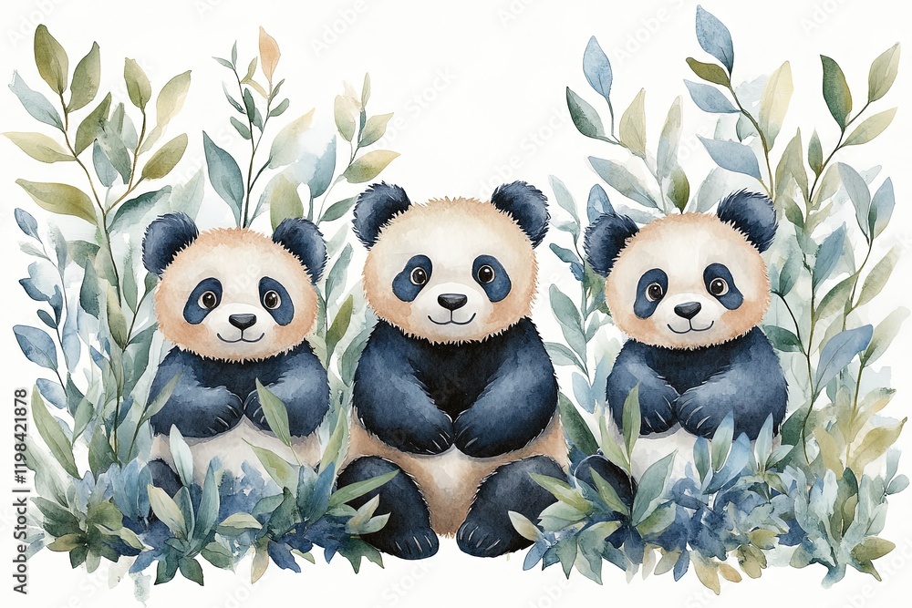 Fototapeta premium Three cute pandas surrounded by greenery in a watercolor style.