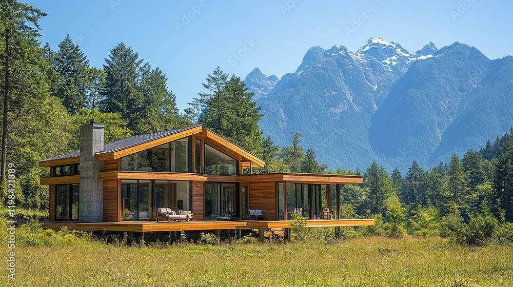 Modern wooden house with large windows surrounded by lush greenery and majestic mountains in the background Modern wooden house with large windows surrounded by lush greenery and majestic mountains in the background