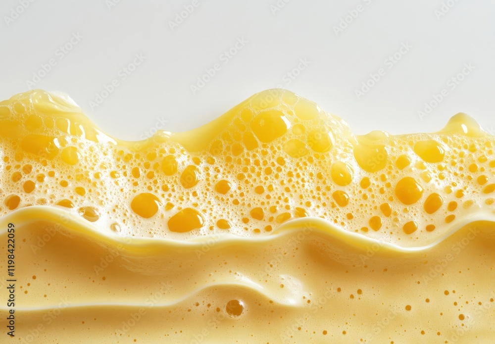 Close-Up View of Foam and Bubbles in Vibrant Yellow Liquid, Capturing the Texture and Fluidity of Colorful Elements on a Minimal Background Close-Up View of Foam and Bubbles in Vibrant Yellow Liquid, Capturing the Texture and Fluidity of Colorful Elements on a Minimal Background