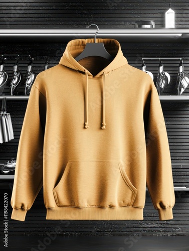 Mustard yellow hoodie hanging on a black hanger against a neutral background