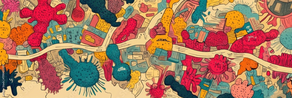 Creative depiction of bacteria colonies represented as vibrant city landscapes filled with color and imagination. Generative AI Creative depiction of bacteria colonies represented as vibrant city landscapes filled with color and imagination. Generative AI