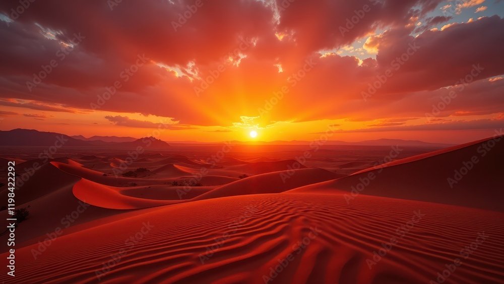 Naklejka premium Golden horizon kisses the desert sands as the vibrant sun dips into an orange embrace, casting warm hues over timeless dunes