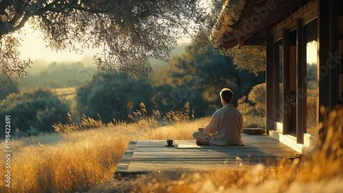 A serene moment of meditation at sunset in a natural setting, depicting a peaceful atmosphere.
