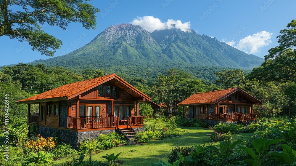 Scenic view of wooden cabins surrounded by lush greenery and a majestic mountain backdrop Scenic view of wooden cabins surrounded by lush greenery and a majestic mountain backdrop