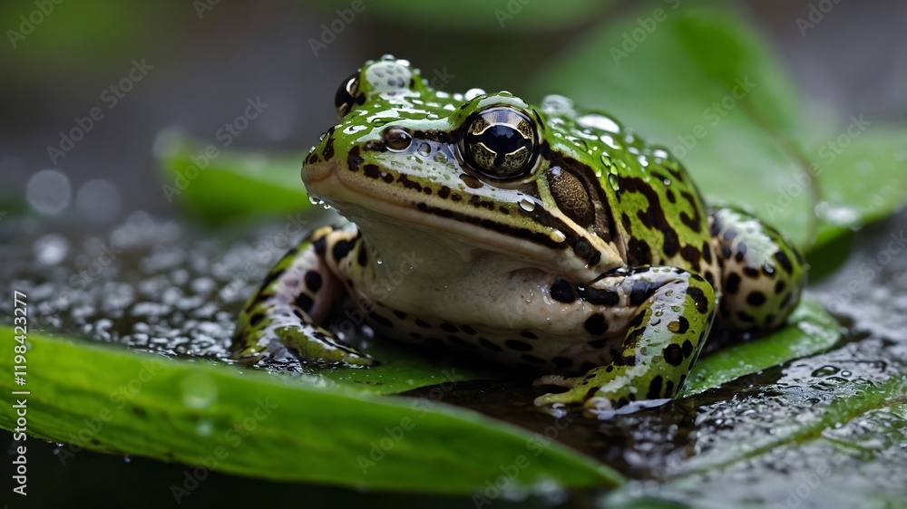 Nature’s Shower: Chimerical Leopard Frog Resting on Leaf Amidst Rain in Lush Forest Nature’s Shower: Chimerical Leopard Frog Resting on Leaf Amidst Rain in Lush Forest