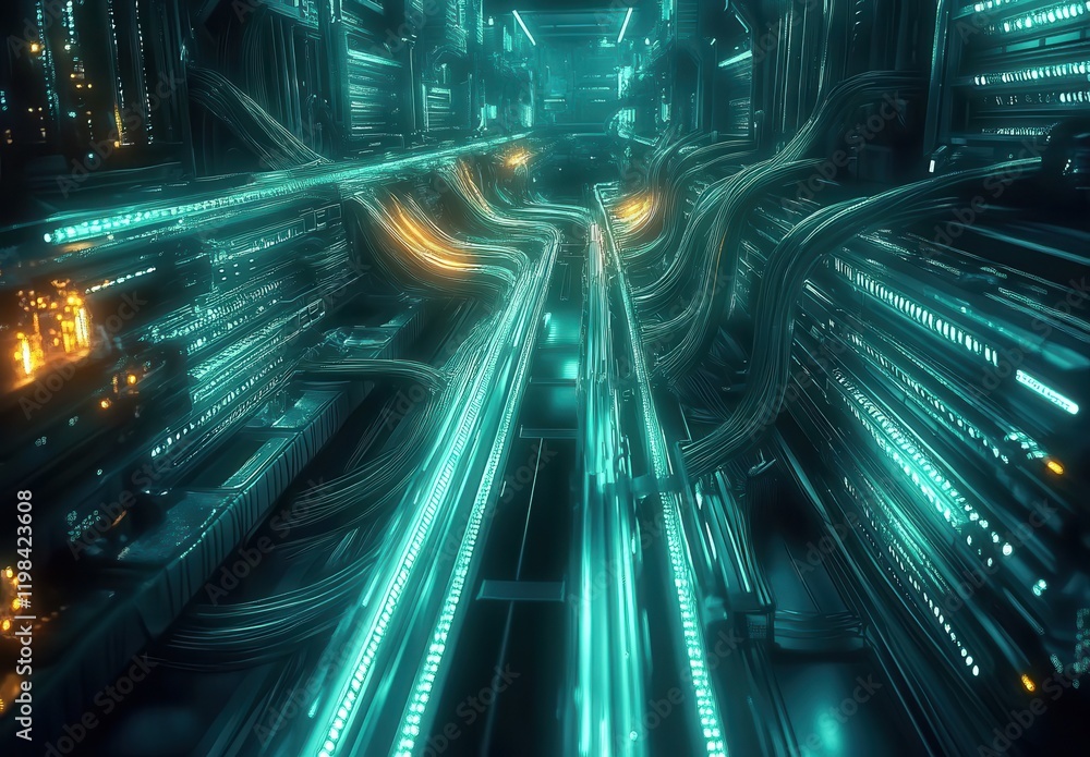 Futuristic Digital Corridor with Glowing Cables and Lights in an Abstract Technology Setting Futuristic Digital Corridor with Glowing Cables and Lights in an Abstract Technology Setting