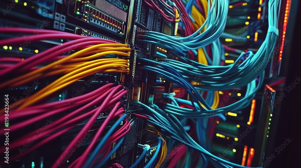 Vibrant Data Center Cables and Connections in a Server Rack with Light Indicators Vibrant Data Center Cables and Connections in a Server Rack with Light Indicators