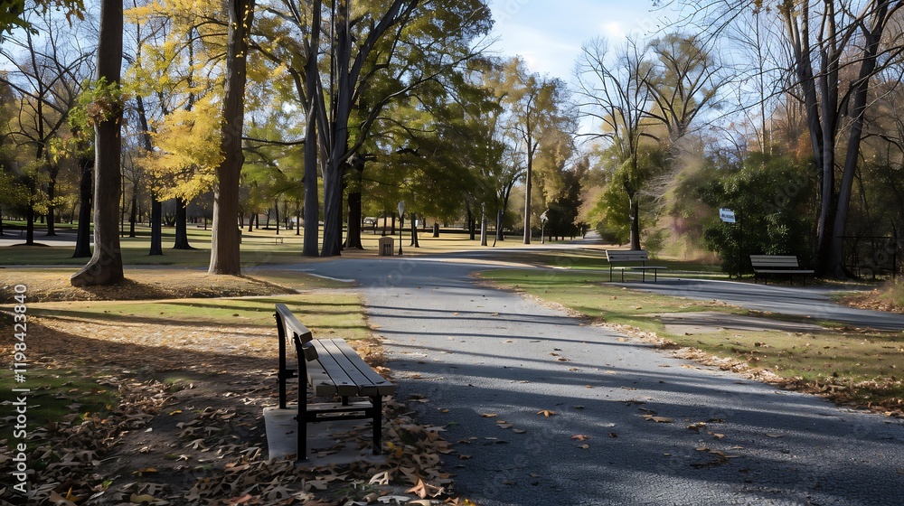 Obraz premium A tranquil park with paths lined by tall trees in full autumn color, and benches scattered under the branches.