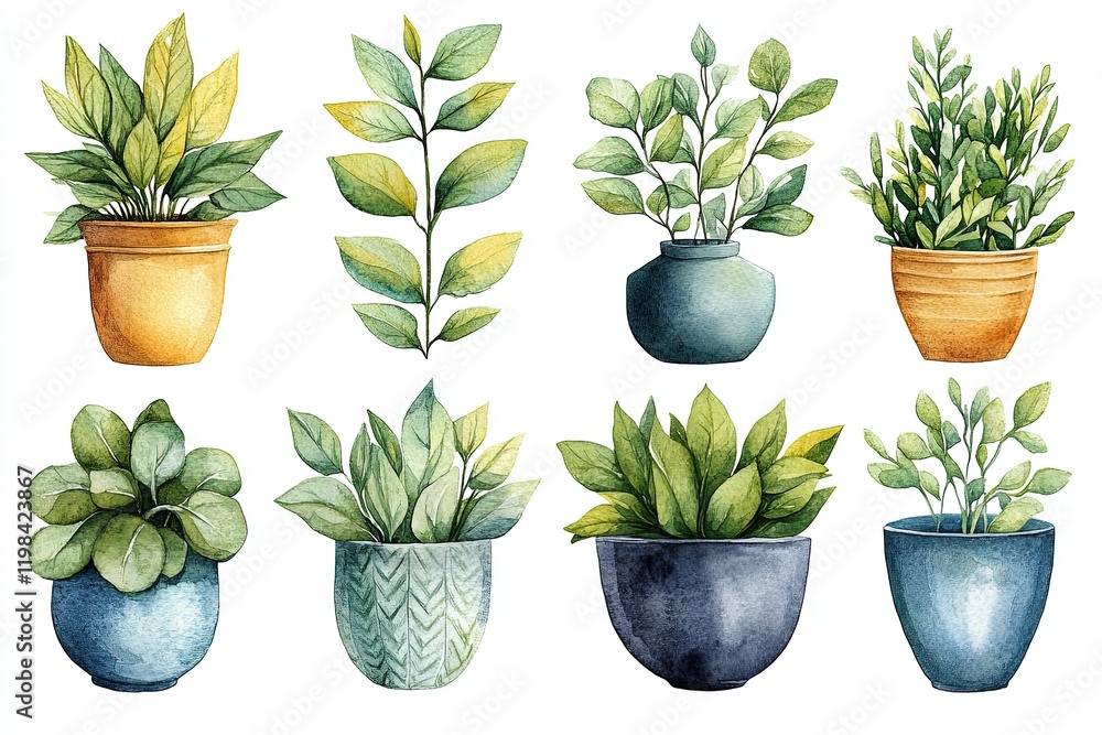 Obraz premium A collection of watercolor potted plants in various styles and colors.