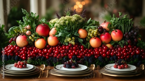 Abundant fruit centerpiece on rustic table. photo