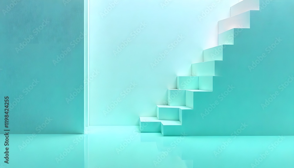 Abstract Teal Staircase: Minimalist 3D Render of Ascending Steps in a Calm, Serene Aqua-Colored Room Abstract Teal Staircase: Minimalist 3D Render of Ascending Steps in a Calm, Serene Aqua-Colored Room