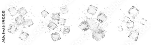 PNG Abstract ice cubes splash art set, isolated on transparent background