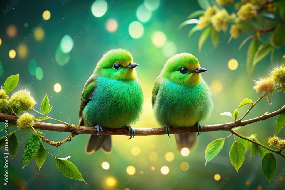 Obraz premium Dreamlike green birds perch serenely on a surreal branch, a peaceful avian tableau.