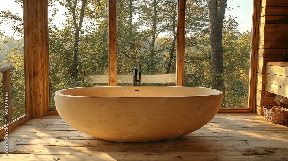 Fototapeta premium Serene wooden bathroom featuring a modern oval bathtub with forest views through large windows