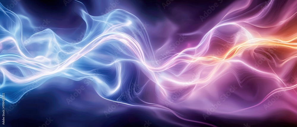 Fototapeta premium A vibrant abstract image showcasing flowing waves of blue, pink, and orange light against a dark background, creating a sense of movement and energy.