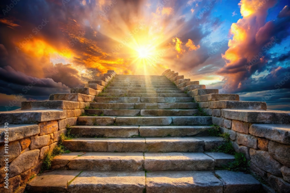Obraz premium Ethereal staircase ascends to celestial light, a heavenly journey in fantasy photography.