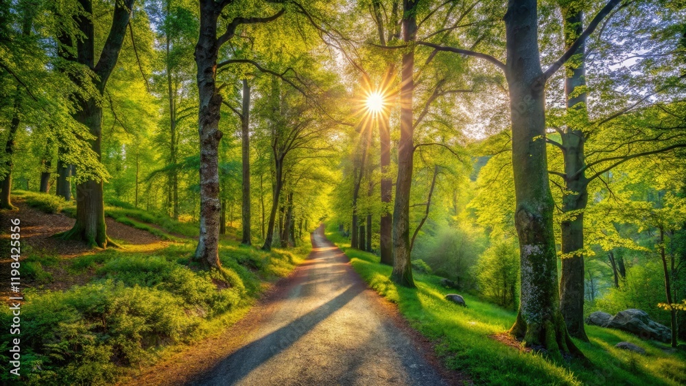 Fototapeta premium Explore Stockholm's lush spring forest: May hike through vibrant green trails; stunning Swedish nature photography awaits.