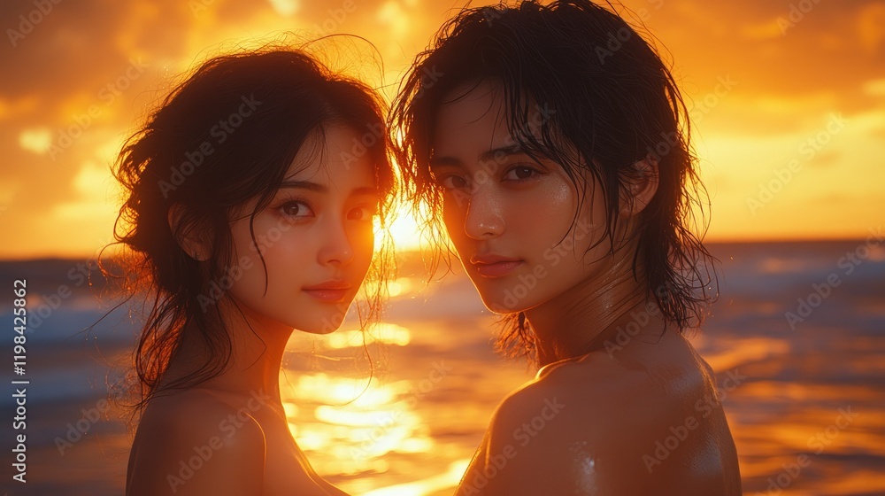 Fototapeta premium Two women standing close together at sunset on a beach, with waves gently crashing behind them