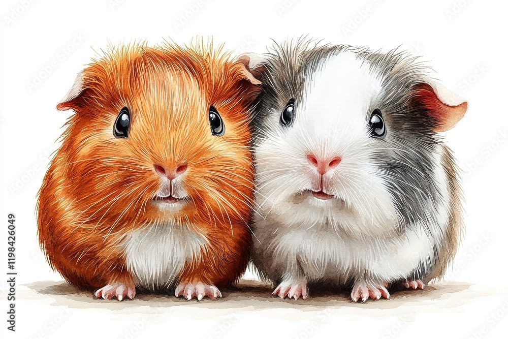 Two adorable guinea pigs, one orange and one gray, sitting closely together. Two adorable guinea pigs, one orange and one gray, sitting closely together.