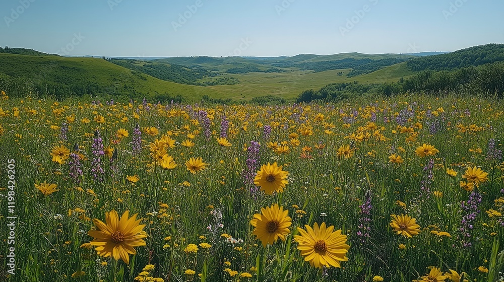 Obraz premium Vibrant wildflower meadow in spring, showcasing blooming daisies and purple flowers under a clear sky