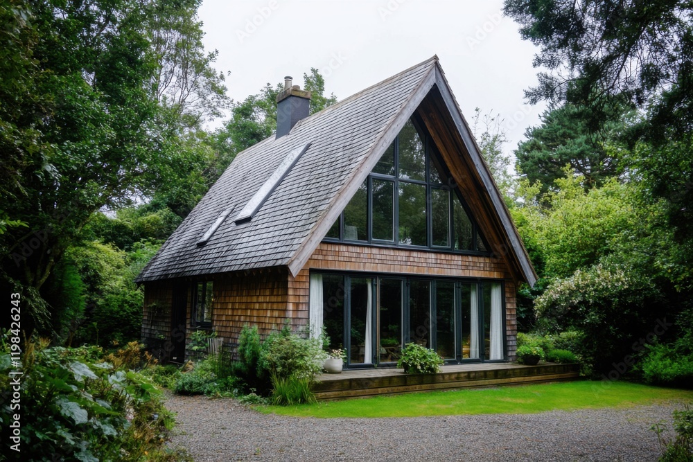 Imagine a charming cabin nestled in a serene woodland, enveloped by vibrant greenery, as soft clouds float overhead, creating a peaceful atmosphere