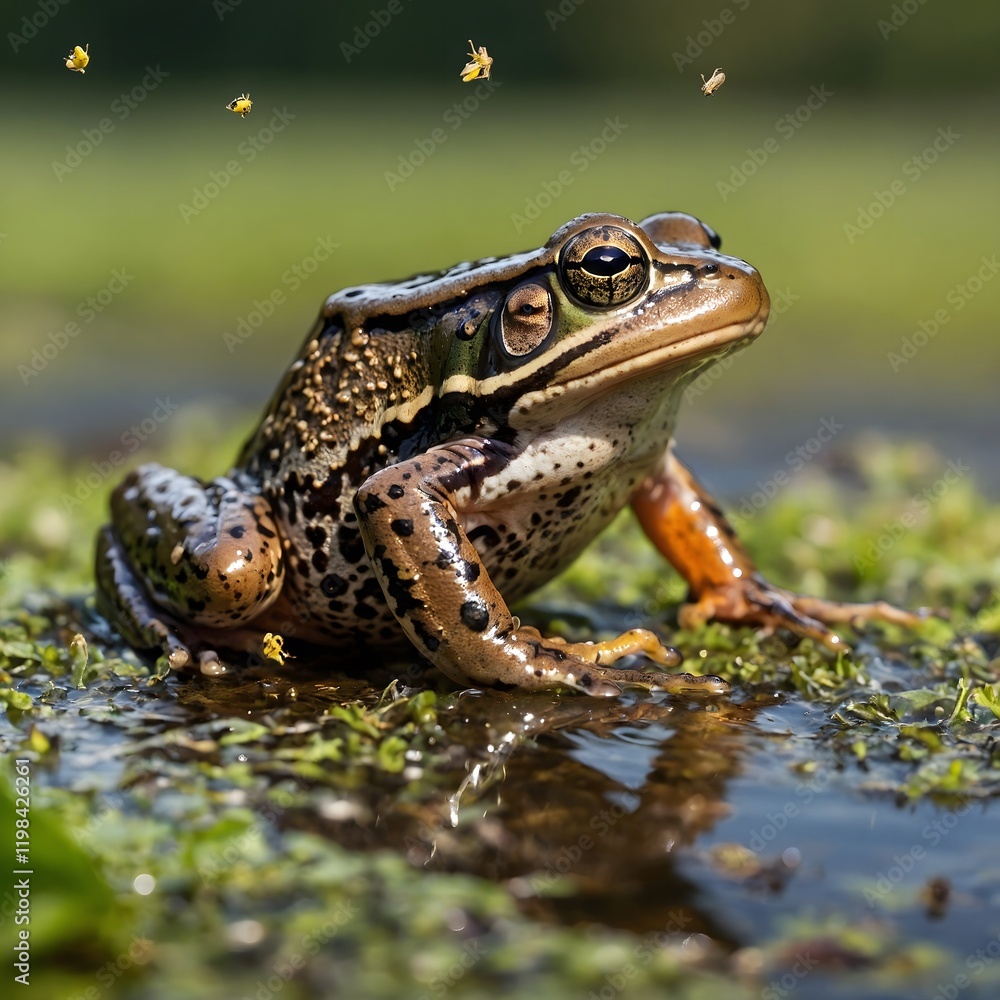 Frog in Action: Common Frog Catching a Fly in the Field Frog in Action: Common Frog Catching a Fly in the Field