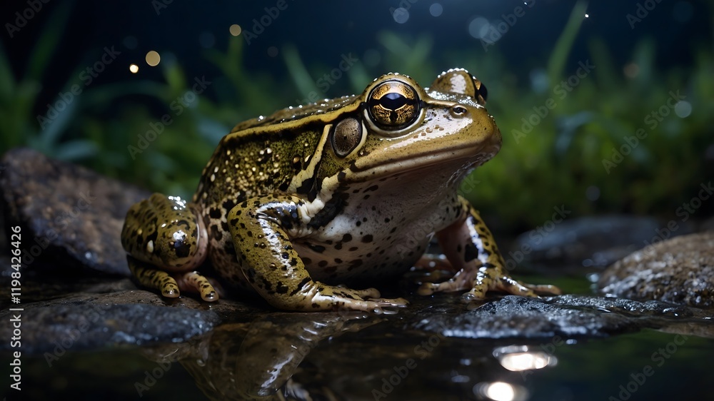 Nighttime Tranquility: Common Frog Resting by Moonlit Brook, Surrounded by Fireflies Nighttime Tranquility: Common Frog Resting by Moonlit Brook, Surrounded by Fireflies
