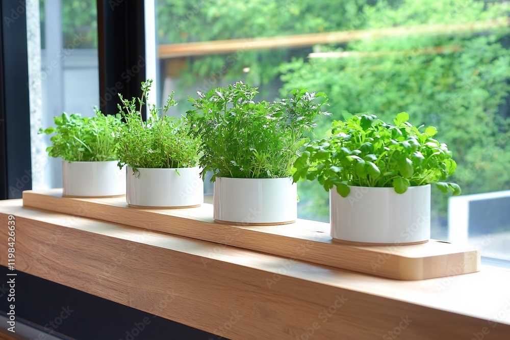 Herbs growing in windowsill pots, kitchen background. Use home gardening, cooking Herbs growing in windowsill pots, kitchen background. Use home gardening, cooking