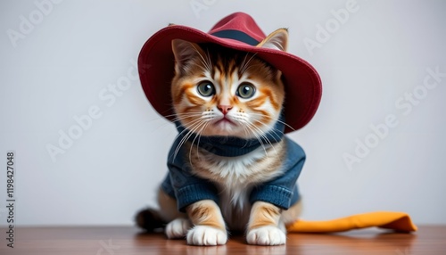 Adorable Kitten in Stylish Hat and Sweater: A Charming Portrait photo