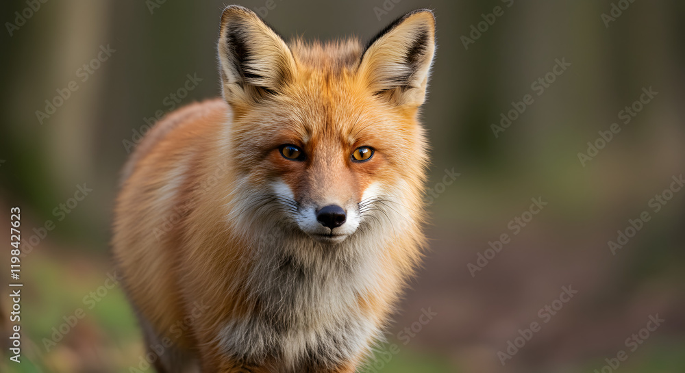Obraz premium A close-up image features a red fox, known scientifically as Vulpes vulpes, situated in a wooded area during the autumn season. The orange-furred fox is looking